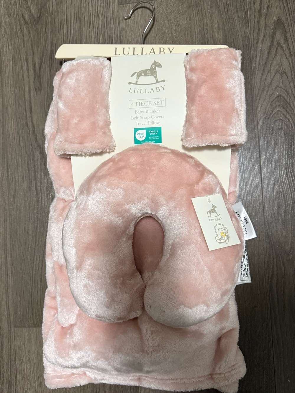Lullaby Pink Plush Baby Travel Pillow, blanket & Strap Cover Set